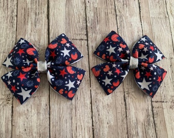 Patriotic Pigtail Bows Set, Stars & Fireworks