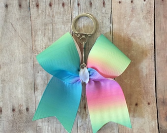 Pastel Rainbow Mini Cheer Bow Keychain, Grosgrain Ribbon Bow