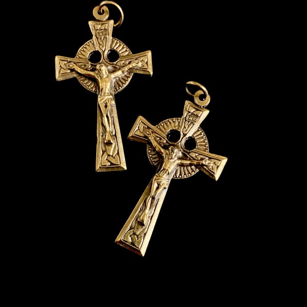 IRISH Rosary Cross Jesus Crucifix Celtic Set of 2 ITALY BRASS Color Pendant Christian Catholic Vintage style  Considered Premium