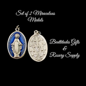 Madonna Miraculous Medals Double sided Pendant Set of 2 Italy  Rosary Dangle Catholic Gift Blue Enamel WIth Symbol On Back