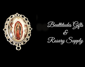 Our Lady of Guadalupe Roses Large Rosary Centerpiece Silver tone Color Vintage style Connector Mary Chaplet Center Piece Jewelry