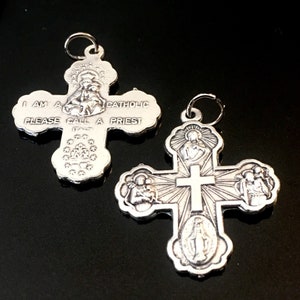 Jesus Four way Cross Double Sided CALL PRIEST 1 1/2  Medal Italy set of 2 Silver Tone Cross for Rosary or Pendant
