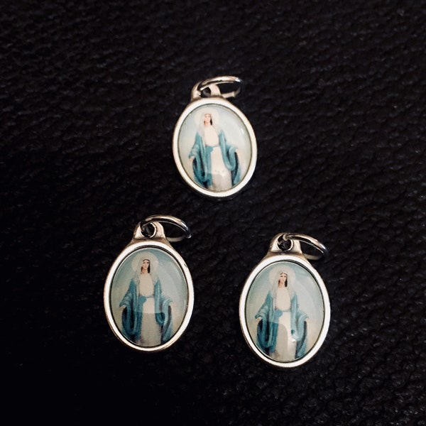 Lot of 3 Our Lady of Grace Medals Small Photo Charms From Italy  Rosary Dangle Jewelry Parts Virgin Catholic gift Madonna Silver tone