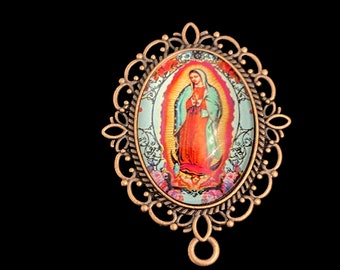 Our Lady of Guadalupe Roses Large Rosary Centerpiece DARK Copper Color Vintage style Connector Mary Chaplet Center Piece Jewelry