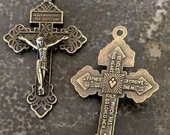 Pardon Crucifix  Brass Tone Lot of 2  *DARK FINISH Beautiful Double Sided Rosary Cross Vintage Style