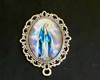 Our Lady of Grace Rosary Center Large Size Hand Made Catholic Centerpiece Connector BRIGHT SILVER TONE