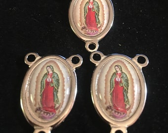 Our Lady of Guadalupe Medals Rosary Centerpiece silver tone 3 Medals STAMPED ITALY  STURDY
