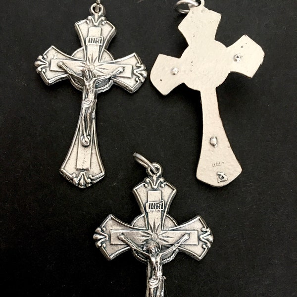 INRI Jesus Crucifix set of 3 Silver tone  With Patina Vintage style Cross for Rosary or Pendant ITALY JESUS Cross Catholic Christian gift