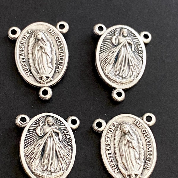 Guadalupe and Divine Mercy Medals Rosary Centerpiece LOT of 4 Medals STAMPED ITALY Double sided Medal