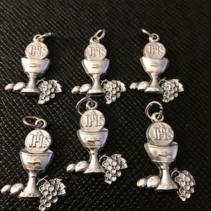 IHS Communion Communion Chalice Medal Charms for Rosary or Bracelet Lot of 6 Oxidized Silver 1" TALL