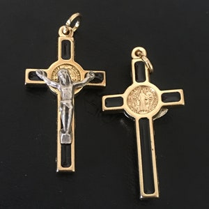 SET OF 2  Saint Benedict Gold tone  With Black Enamel Double sided Medal crucifix ITALY Protection Catholic 1 1/2&quot; tall