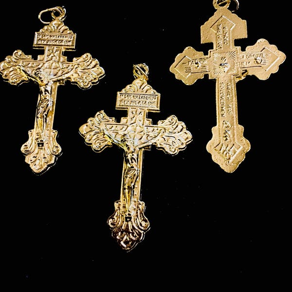 Set of 3 Gold tone Italian Made Pardon Crucifix Double Sided Rosary Cross