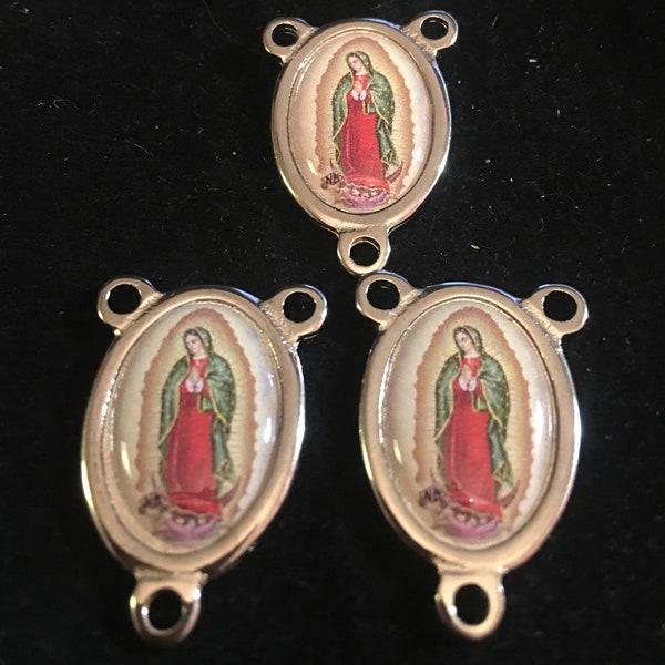 Our Lady of Guadalupe Medals Rosary Centerpiece silver tone 3 Medals STAMPED ITALY  STURDY