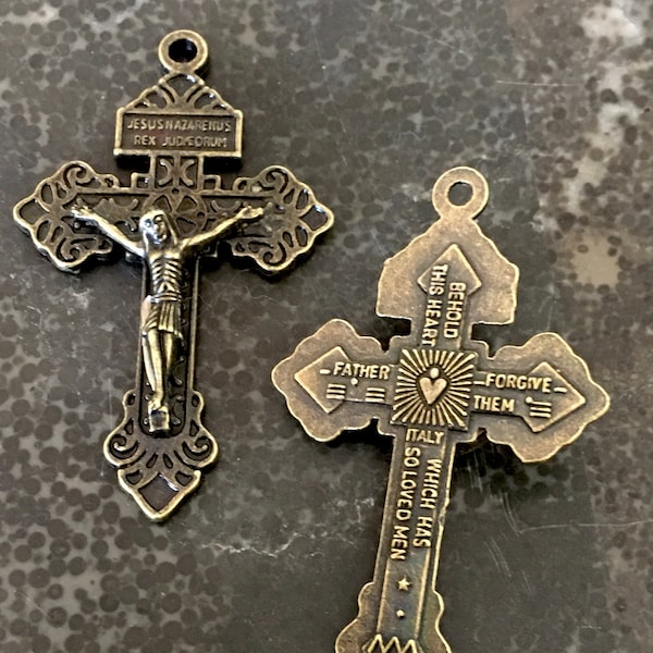 Pardon Crucifix  Brass Tone Lot of 2  *DARK FINISH Beautiful Double Sided Rosary Cross Vintage Style