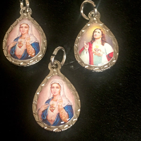Sacred Heart of Jesus Immaculate Heart of Mary Medals SILVERTONE Set of 3 Charms Pendants Catholic Virgin Mary