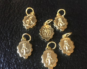 Madonna Miraculous Extra Small Gold Tone  Medals Double sided Set of 6  for Charm Bracelet or Pendant Virgin Mary