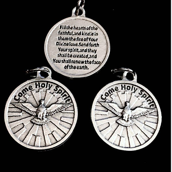 Holy Spirit Dove Confirmation Medal Charm Prayer round Pendant Charm Bracelet Lot of 3 Silver Tone Findings Invatation charm