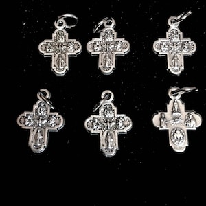Jesus 4 way Cross Double Sided Miraculous Medal Dark accents EXTRA SMALL 13/16  INCH  set of 6 Silver Tone Cross for Rosary or Pendant