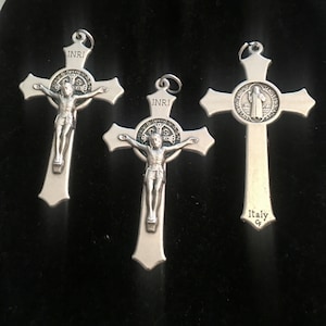 Lot of 3 oxidized silver Saint Benedict Double sided Medal crucifix  2 &quot; Protection  ITALY