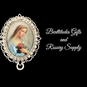 Madonna VIRGIN MARY Roses Rosary Center RHINESTONES Large Size  Catholic Centerpiece Silver Style VIntage look Center Piece