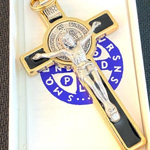 AMAZING Large Saint Benedict Double sided Medal crucifix 3 Inch protection BEST Quality ITALY Gold tone and Black with Silver Corpus & Medal