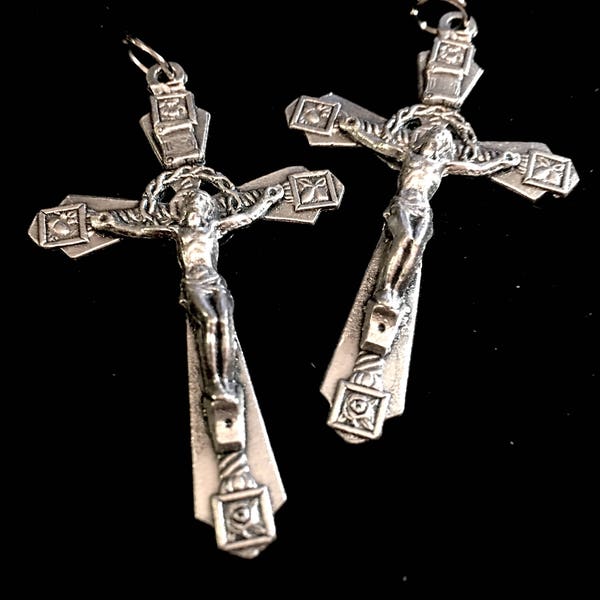 Set of 2 Crown Of Jesus Silver tone Italian Made Crucifix EASTER Large 2 inch For Rosary Cross or Jewelry cross Sturdy