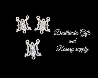Miraculous Medal Madonna Rosary Centerpiece Silver tone Miraculous Symbol On Back Set of 3 Connectors Chaplet Rosary Parts Jewelry