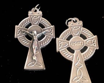 Irish Celtic Double Sided Jesus Cross Rosary Crucifix or Pectoral Cross 1 3/4 T  DARK PATINA Matte GREY