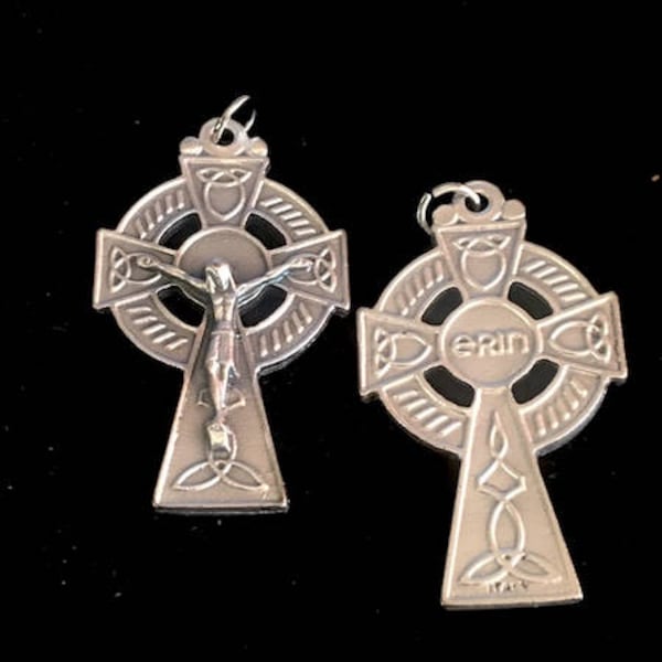 Irish Celtic Double Sided Jesus Cross Rosary Crucifix or Pectoral Cross 1 3/4 T  DARK PATINA Matte GREY