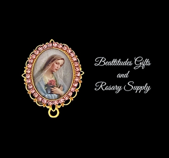 Madonna VIRGIN MARY Roses Rosary Center RHINESTONES Large Size  Catholic Centerpiece Gold tone Style VIntage look Center Piece