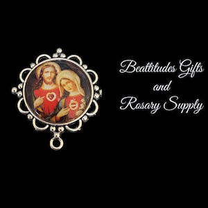 Immaculate Heart of  Madonna Sacred Heart Of Jesus Shimmer style LARGE Rosary Centerpiece SILVER Tone Vintage Style  Center Piece Connector