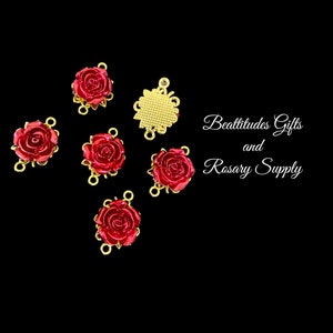 ROSES FOR MARY Rose Connectors for Rosary or Jewelry Making Set of Six Dark red with Gold Tone Backing