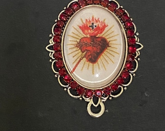 Sacred Heart of Jesus Red Rhinestone Rosary Centerpiece Silver tone Color Connector Center Piece