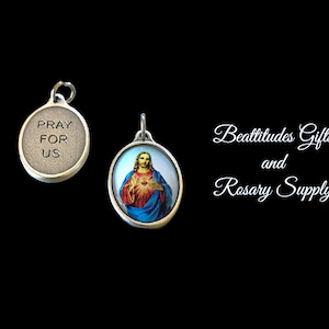 Sacred Heart of Jesus 2 MedalS Silver Tone with Red Enamel Italy Rosary Dangle Or pendant