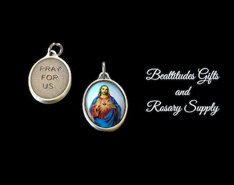 Sacred Heart of Jesus 2 MedalS Silver Tone with Red Enamel Italy Rosary Dangle Or pendant