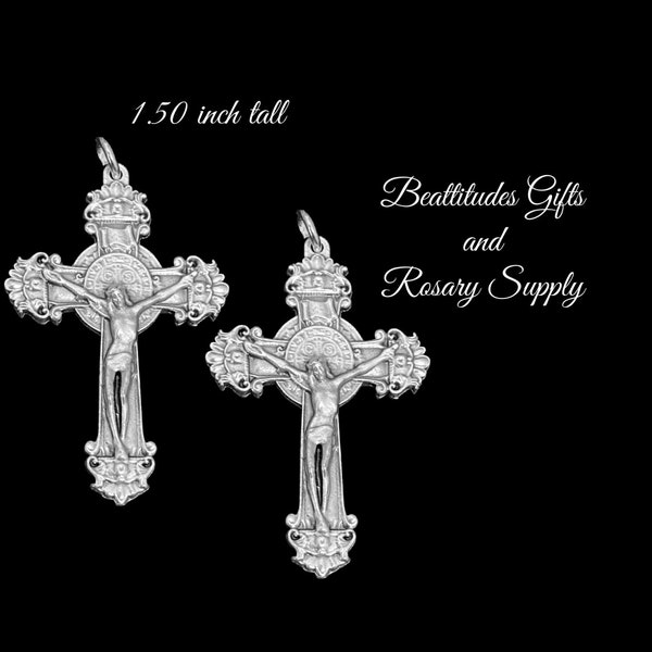 Ornate Set of 2 Saint Benedict Double sided Medal crucifix Silvertone Cross of Protection from Italy  Italy