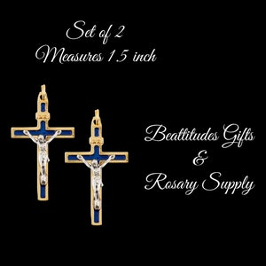 ROSARY CROSS BLUE Enamel Pendant Set of 2 Jesus Gold tone Crucifix Medium For Rosary Cross or Jewelry cross Sturdy