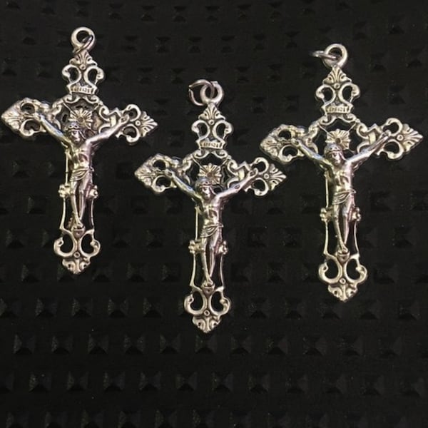 Lot of 3 Ornate Medium size Jesus Crucifix Rosary Cross 1 7/8 inch Scrolling Vintage Style Silvertone