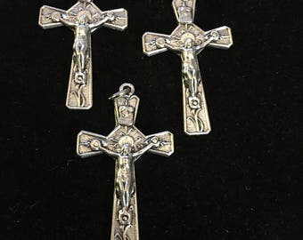Silver Tone Crucifix Fancy Cross Pendant For Rosary – Lot Of 3, 2.5 Inch, Made In Italy