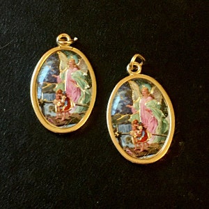 GUARDIAN ANGEL Medal Set of 2 Charms Italy Gold Tone Baptism Pendant gold Foil accent