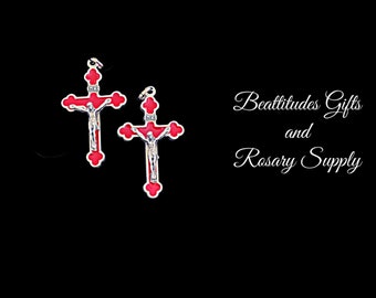 Red Jesus crucifix Oxidized Silver Cross Rosary Crucifix Christian or Catholic Jewelry 1 1/2" Tall