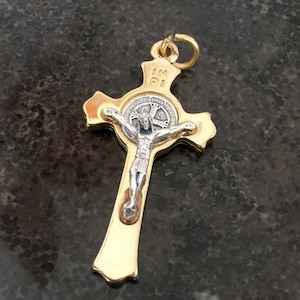 Large Saint Benedict Double sided Medal crucifix 2 Inch protection  Italy Gold and Silver tone