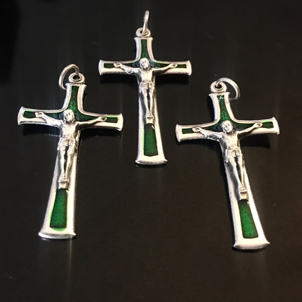Lot of 3 Jesus Green Enamel Crucifix Rosary Cross  Irish Celtic Color Made in ITALY Silver tone Crucifix Pendant