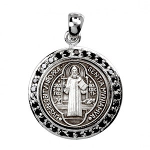 Saint Benedict Sterling SIlver Round Medal With Black Cubic Zircons Catholic Gift Charm Pendant