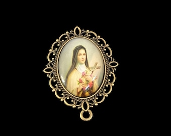 Conector de centro de mesa del rosario de Santa Teresita de Lisieux Conector de medalla católica en tono latón oscuro