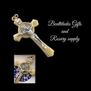 SALE AMAZING Large Saint Benedict Double sided Medal crucifix 3 Inch protection  ITALY Gold and Silver tone