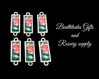 PINK ROSES For MARY  Connector Pater Set Rosary Connector Or Jewelry Medals Set of 6 Medals Bright Silver Tone