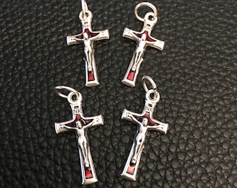 Jesus Crucifix For Bracelet or tiny rosary Cross Jewelry cross VERY Dark RED ENAMEL Italy Lot of 4 crucifix Christian Catholic Jewelry Charm