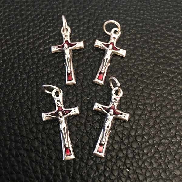 Jesus Crucifix For Bracelet or tiny rosary Cross Jewelry cross VERY Dark RED ENAMEL Italy Lot of 4 crucifix Christian Catholic Jewelry Charm