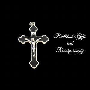 ROSARY CROSS BLACK Enamel Pendant Jesus Silver tone Crucifix 2 inch For Rosary Cross or Jewelry cross Sturdy Beautiful color in person Italy
